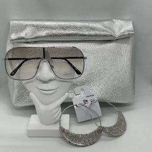 Asos Roll Clutch Handbag, Aviator Eyewear , hoop earrings